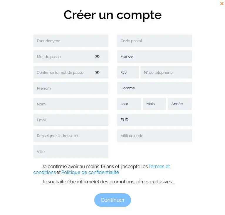 Processo di registrazione CASINO INTENSE